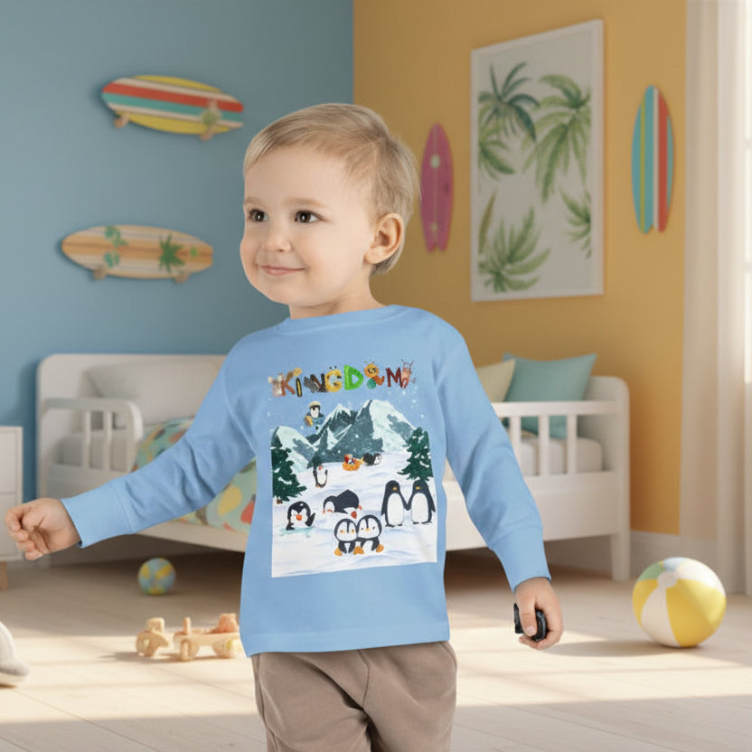 Graphic Penguin Toddler Long Sleeve Tee - Cute Animal Print Shirt for Kids, Winter Theme