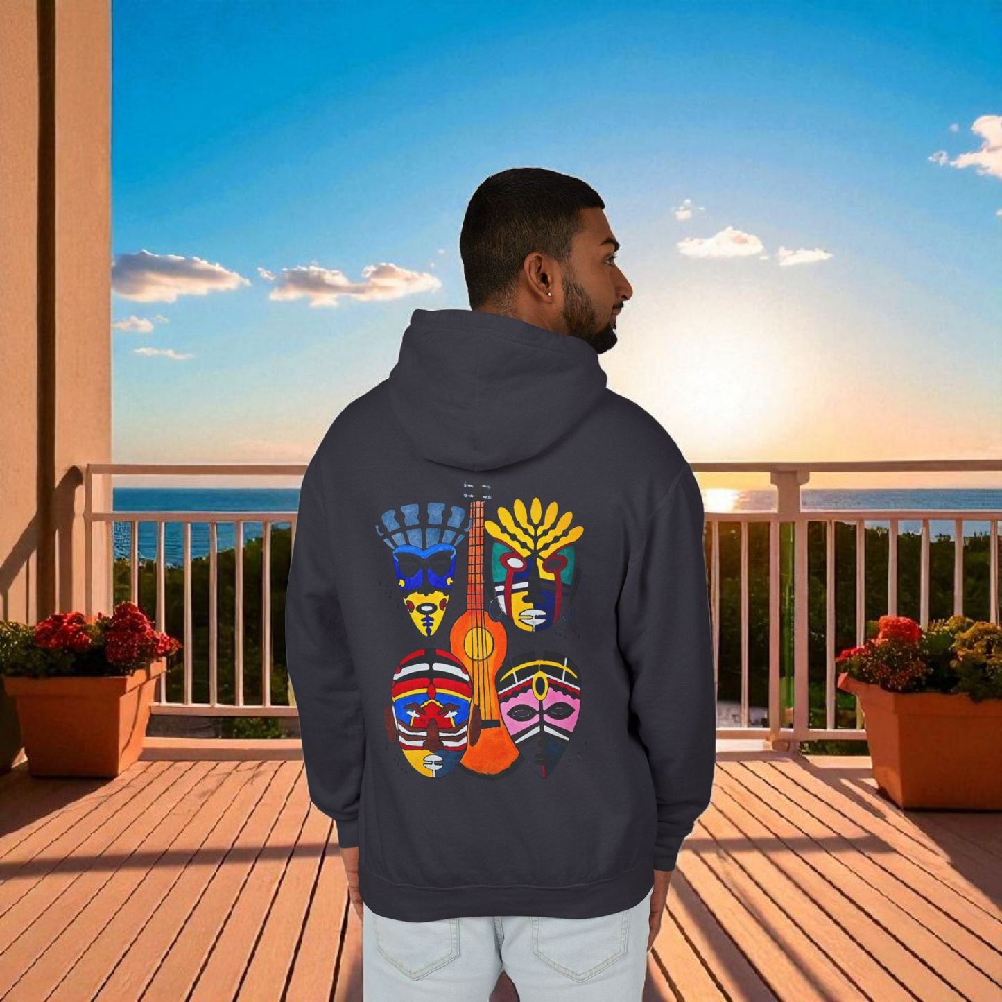 Handcrafted Ethnic Music Art on Unisex Lightweight Hoodie - Music Lover Gift