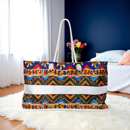 Artisan Aztec Textile Weekender Bag - Oversized, Durable Tote with Rope Handles