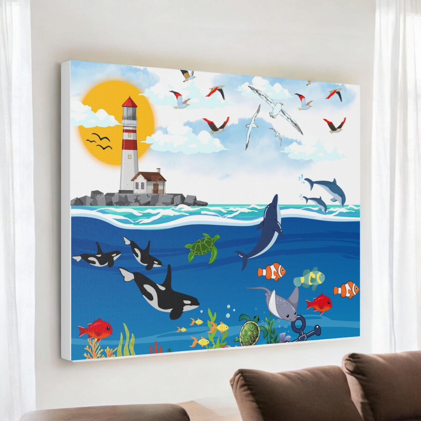 Ocean Symphony Canvas Gallery Wraps, Aquatic Wall Art, Orca Dolphin Decor