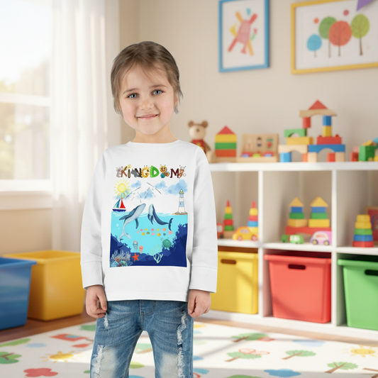 Whale Cartoon Graphic Toddler Tee, Kids Long Sleeve Shirt, Ocean Animal Children's Clothing
