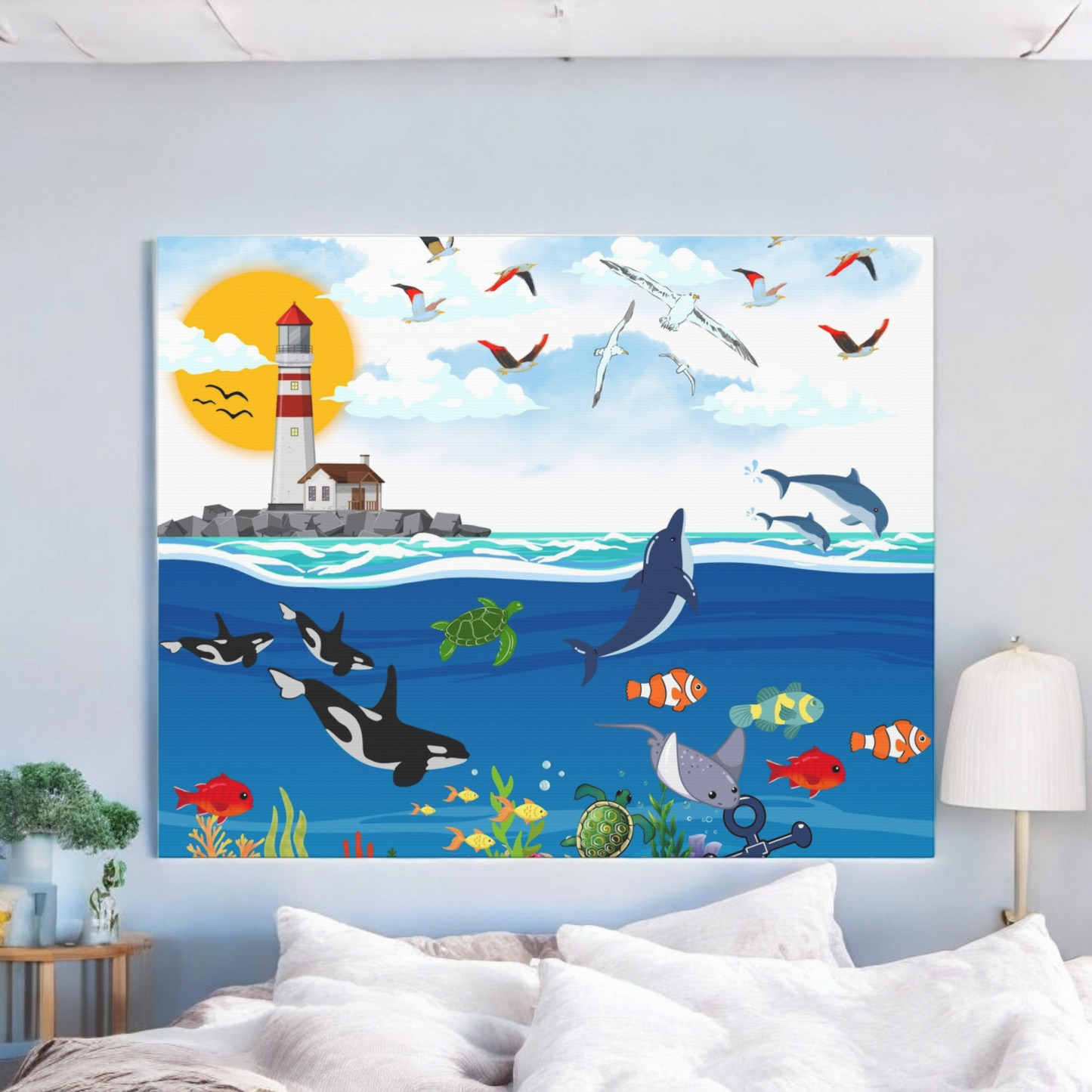 Ocean Symphony Canvas Gallery Wraps, Aquatic Wall Art, Orca Dolphin Decor