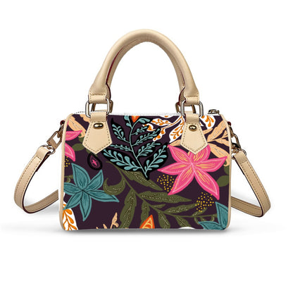 Botanical Floral Classic Barrel-Shaped PU Leather Handbag