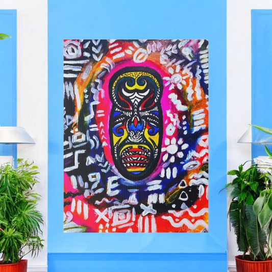 Artisan Tribal Mask Painting on Matte Stretched Canvas, Eco-Friendly Wall Art for Home Decor