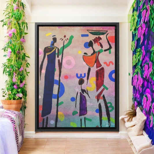 Tribal African Family Sketch - Handcrafted Wall Art, Authentic Home Decoration, Vertical Frame