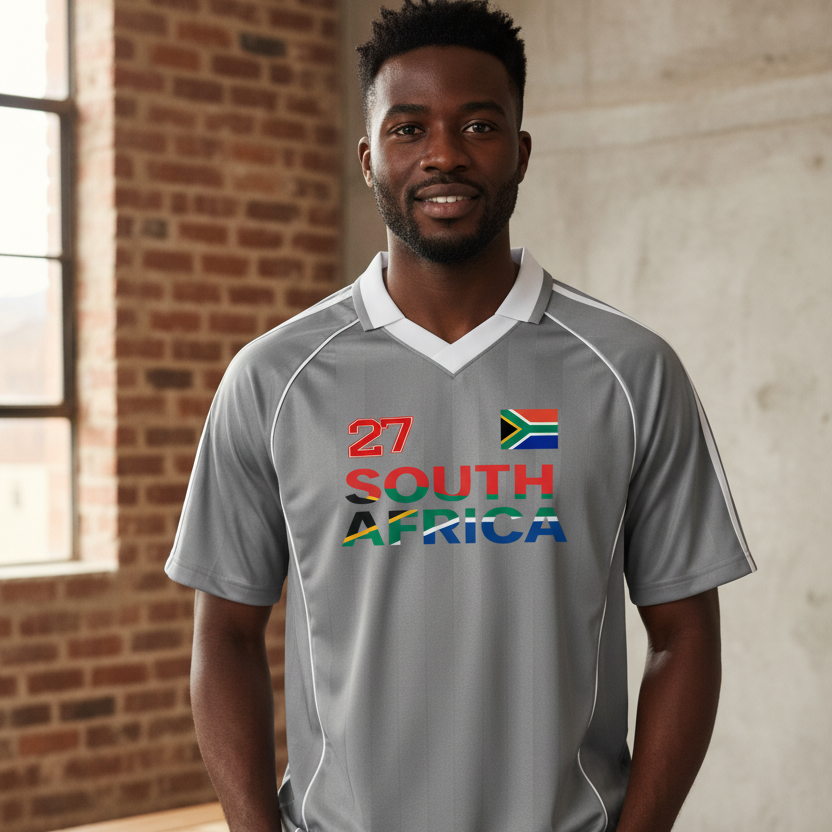 South African Flag Themed Graphic  Stripe Collared Soccer Jersey