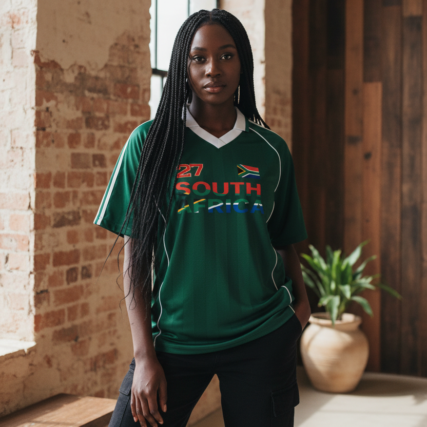 South African Flag Themed Graphic  Stripe Collared Soccer Jersey