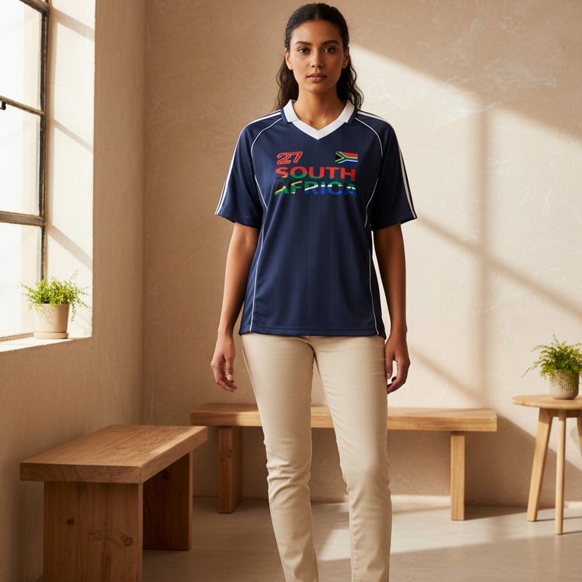 South African Flag Themed Graphic  Stripe Collared Soccer Jersey