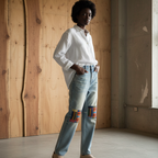 Patchwork Print Sun Fade Raw Hem Denim Unisex Jeans