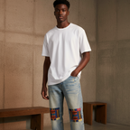 Patchwork Print Sun Fade Raw Hem Denim Unisex Jeans