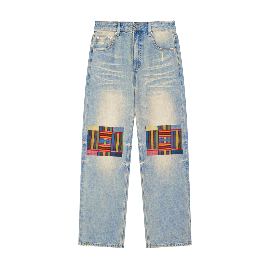 Patchwork Print Sun Fade Raw Hem Denim Unisex Jeans