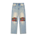 Patchwork Print Sun Fade Raw Hem Denim Unisex Jeans