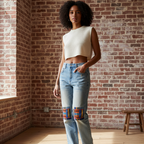 Patchwork Print Sun Fade Raw Hem Denim Unisex Jeans