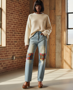 Patchwork Print Sun Fade Raw Hem Denim Unisex Jeans