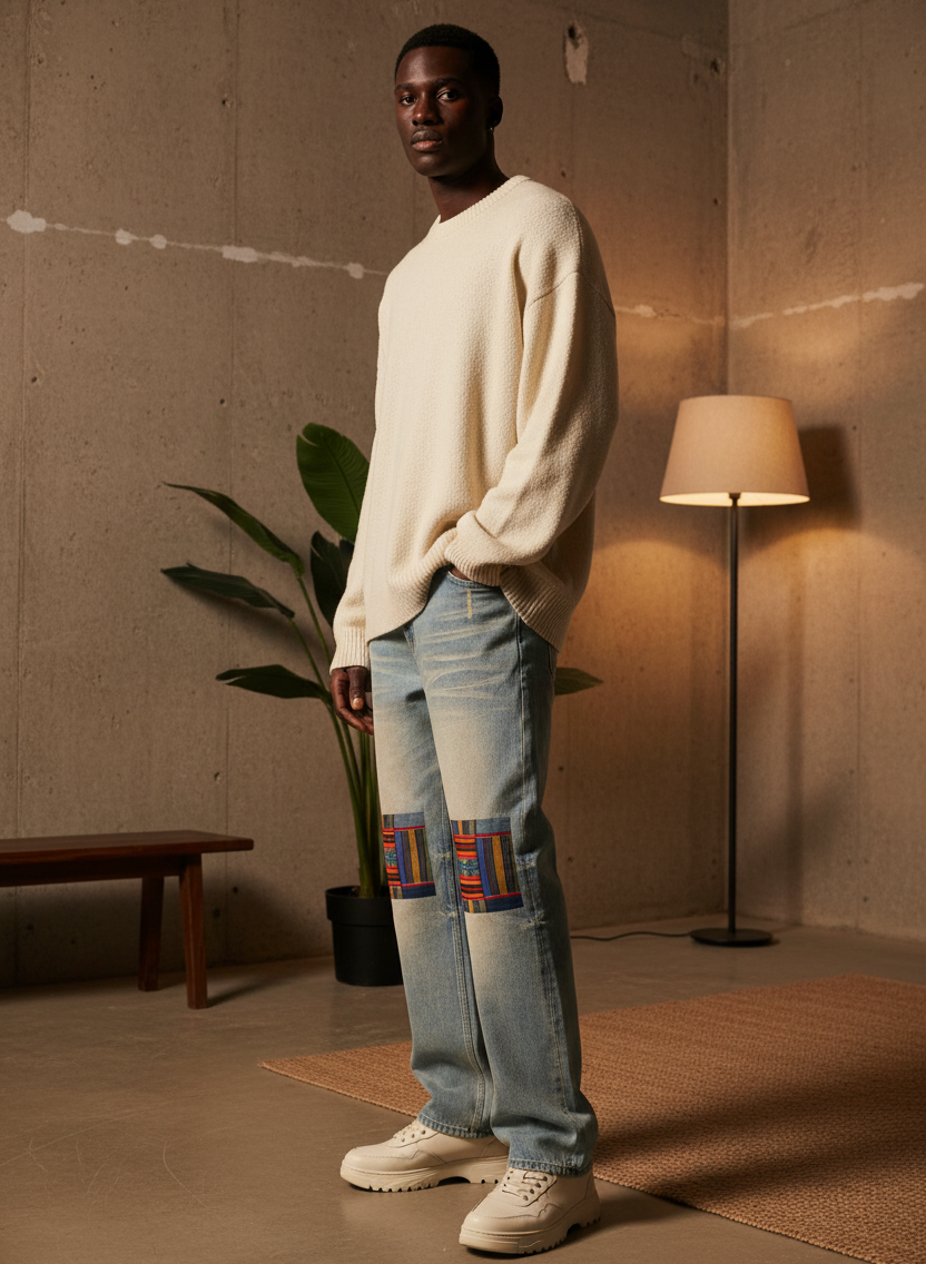 Patchwork Print Sun Fade Raw Hem Denim Unisex Jeans