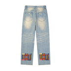 Patchwork Print Sun Fade Raw Hem Denim Unisex Jeans