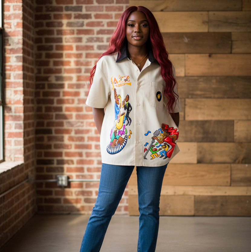 Jazz Band and Singer Graphic Unisex Color Block Short Sleeve Shirt