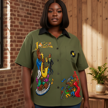 Jazz Band and Singer Graphic Unisex Color Block Short Sleeve Shirt