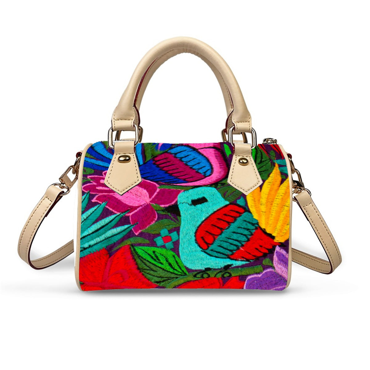 Ornithology and Botanical Embroidery Inspired Classic Barrel-Shaped PU Leather Handbag