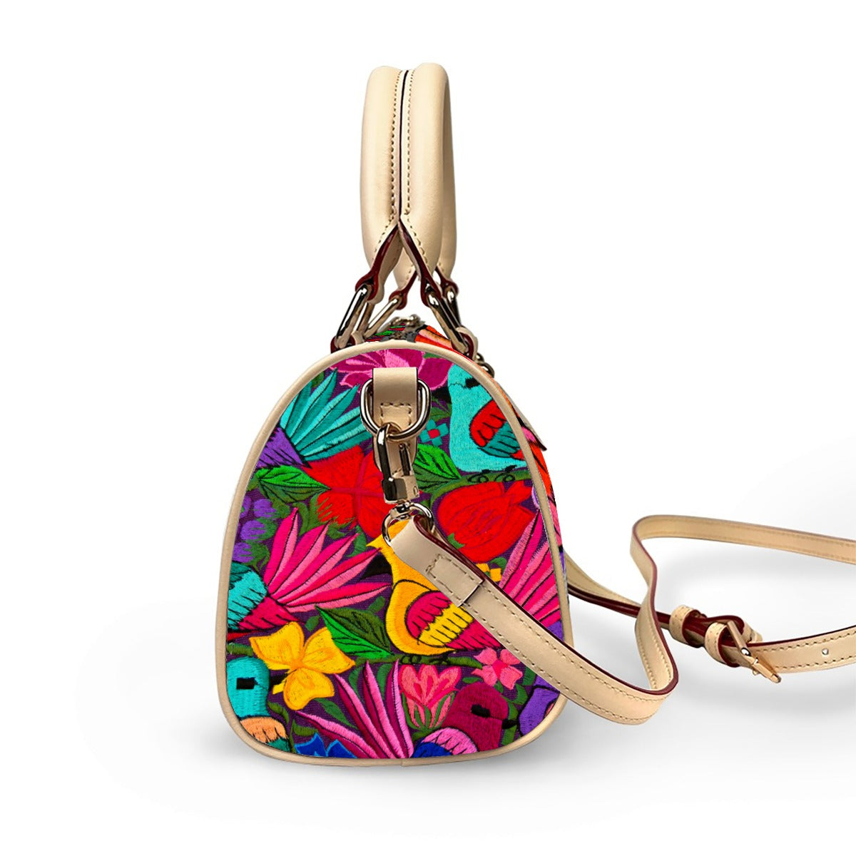 All Over Colorful Botanical and Ornithology Themed Classic Barrel-Shaped PU Leather Handbag