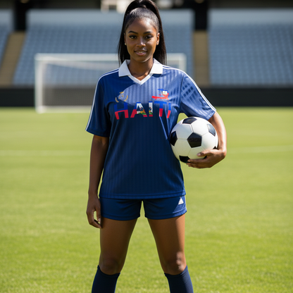 Haiti Flag Themed Contrast Collar Striped Soccer Jersey