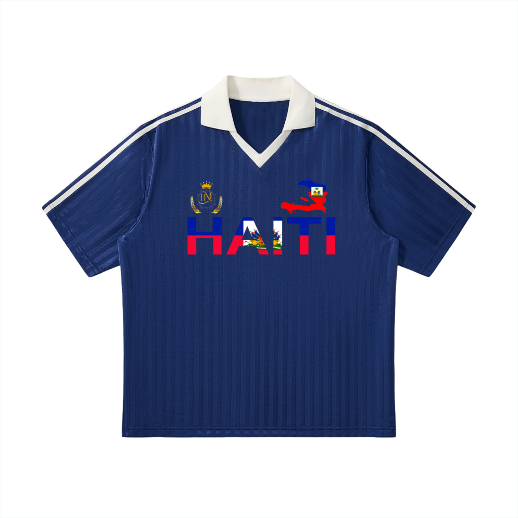 Haiti Flag Themed Contrast Collar Striped Soccer Jersey