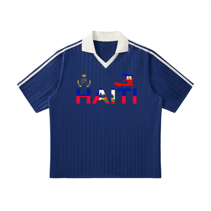 Haiti Flag Themed Contrast Collar Striped Soccer Jersey