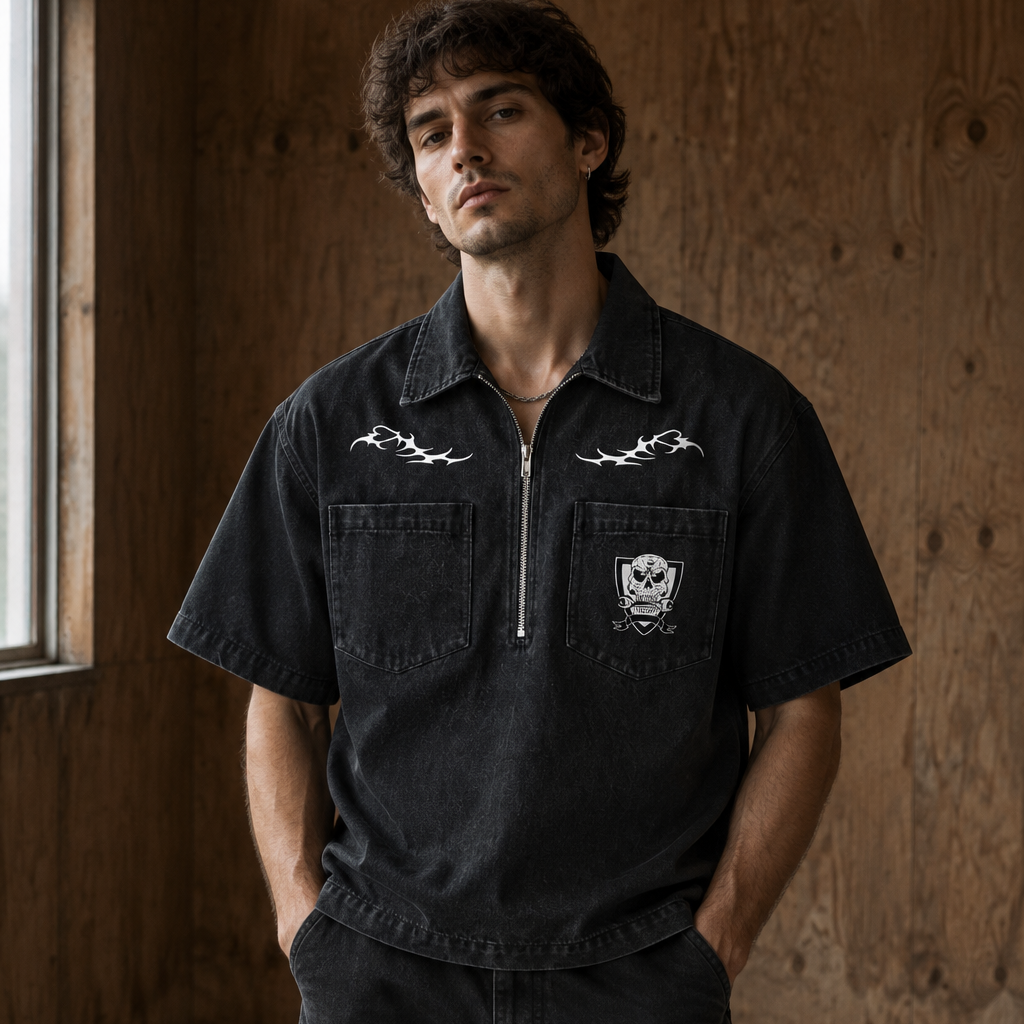 Quoth The Raven Graphic Unisex Vintage Wash Boxy Quarter-Zip Denim Shirt