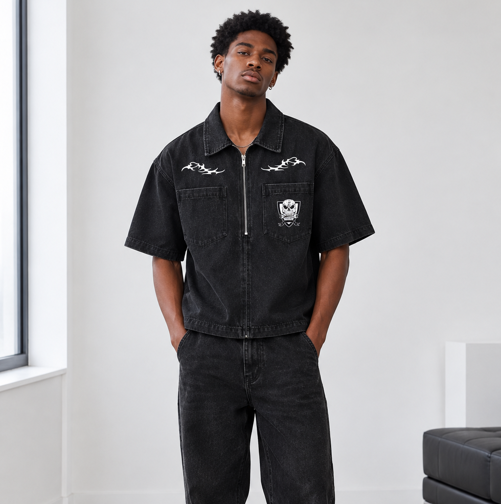 Quoth The Raven Graphic Unisex Vintage Wash Boxy Quarter-Zip Denim Shirt
