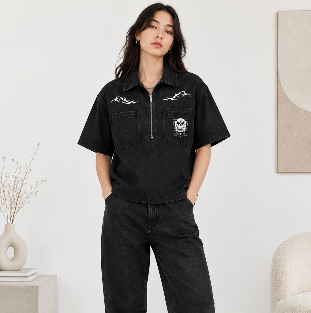 Quoth The Raven Graphic Unisex Vintage Wash Boxy Quarter-Zip Denim Shirt