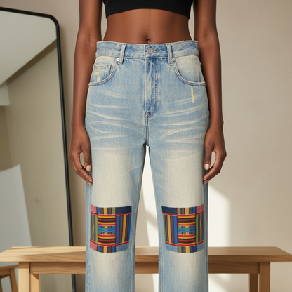 Patchwork Print Sun Fade Raw Hem Denim Unisex Jeans