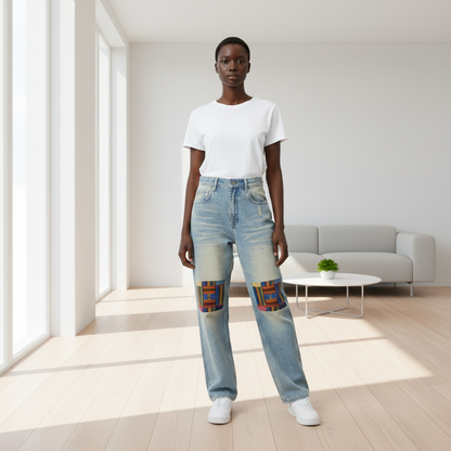 Patchwork Print Sun Fade Raw Hem Denim Unisex Jeans