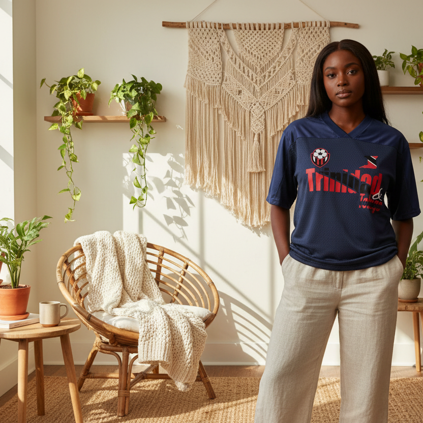 Trinidad Flag Themed Unisex Oversized Mesh V-Neck Graphic Soccer Jersey