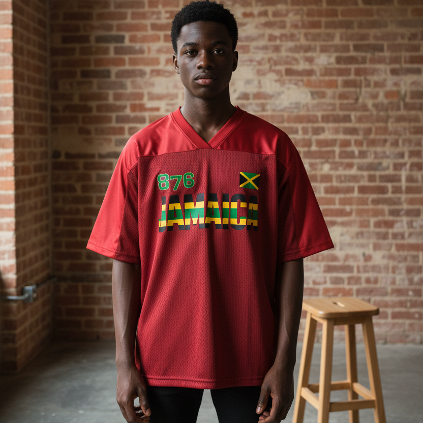 Jamaican Flag Themed Graphic Mesh V-Neck Soccer Jersey