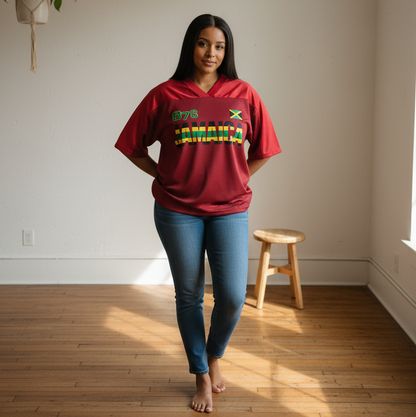 Jamaican Flag Themed Graphic Mesh V-Neck Soccer Jersey
