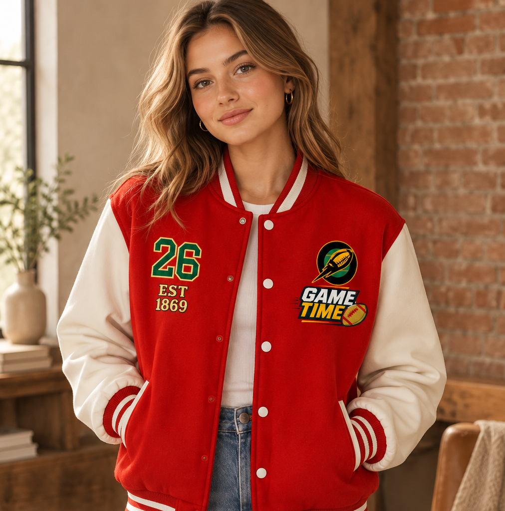 Graphic Unisex Football Themed Two-Tone Fleeced Varsity Jacket