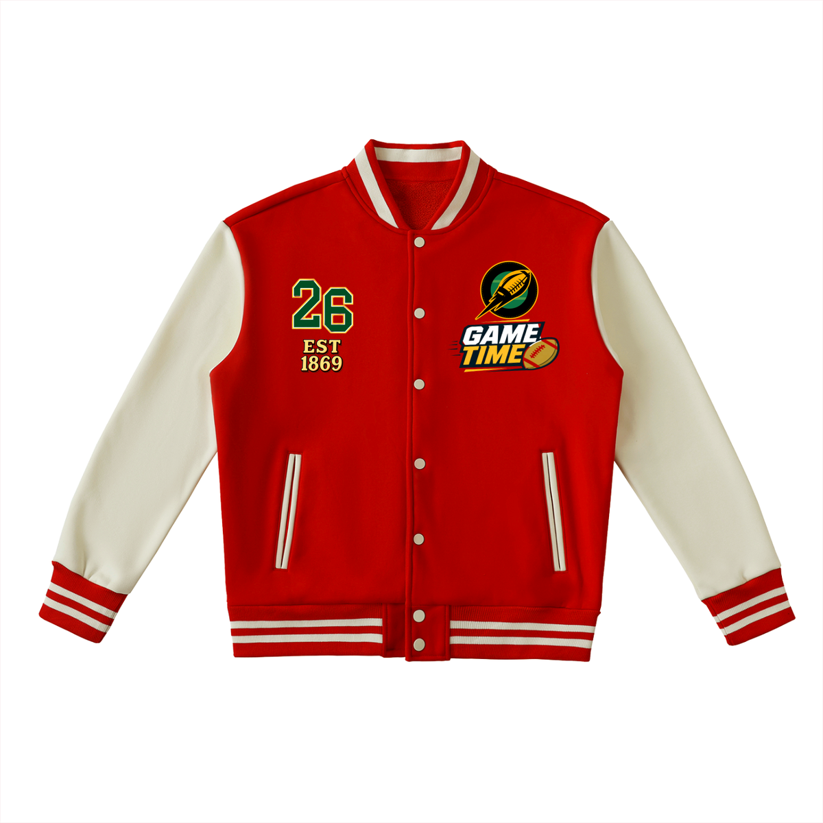 Graphic Unisex Football Themed Two-Tone Fleeced Varsity Jacket