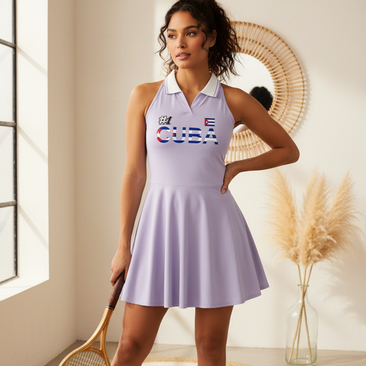 Women's A-Line Tennis Dress with Collared Halter Neckline Featuring a Cuban Flag Motif
