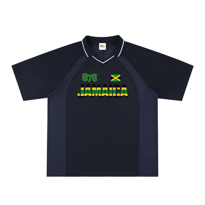 Jamaican Pride, Flag Themed Graphic V-Neck Collared  Unisex Soccer Jersey