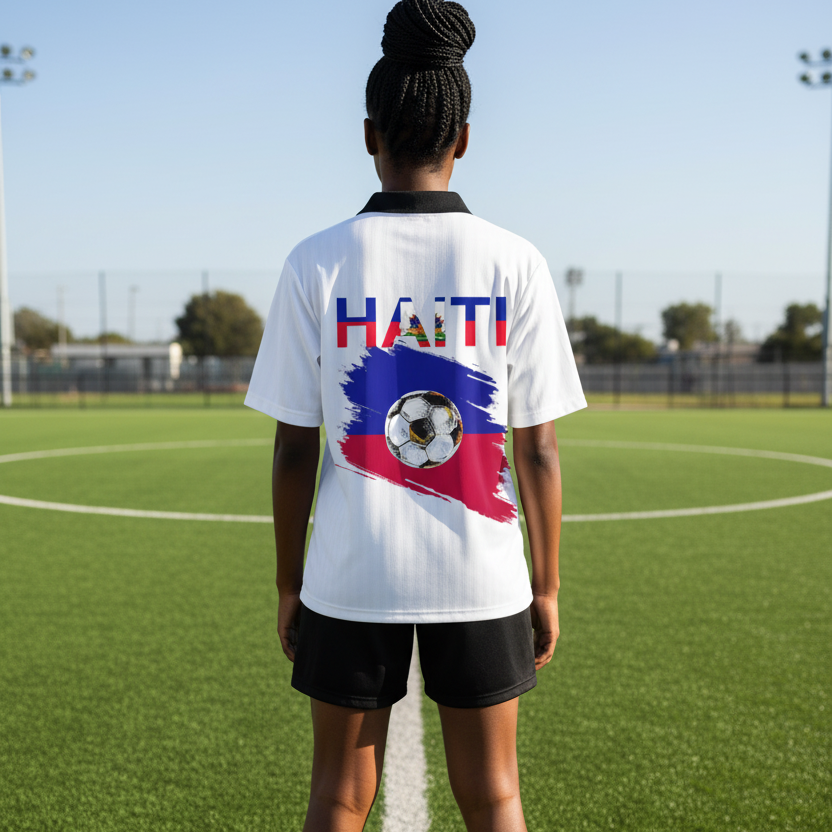 Haiti Flag Themed Contrast Collar Striped Soccer Jersey