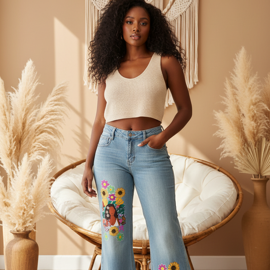 Vintage-Wash Flared Women’s Jeans Featuring an Afro-Music Themed Graphic ODMPOD