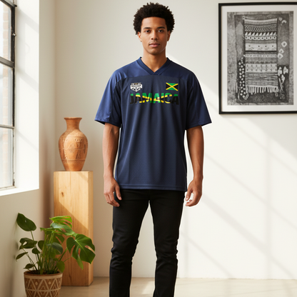 Jamaican Flag Themed Graphic Mesh V-Neck Soccer Jersey