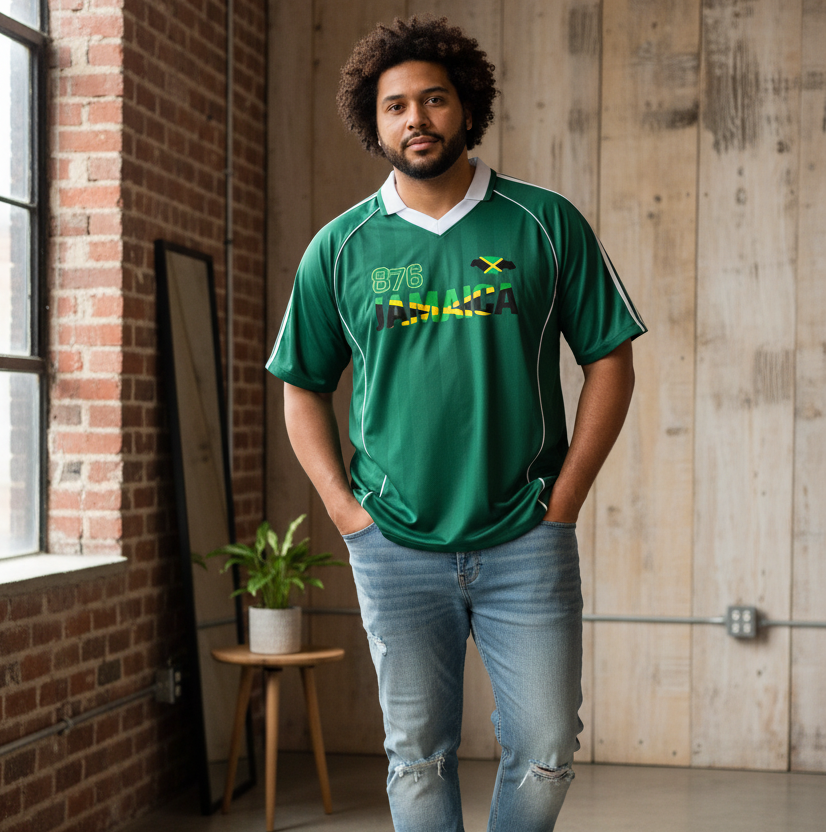 Jamaican Pride &  Flag Themed Shadow Stripe Collared Unisex Soccer Jersey