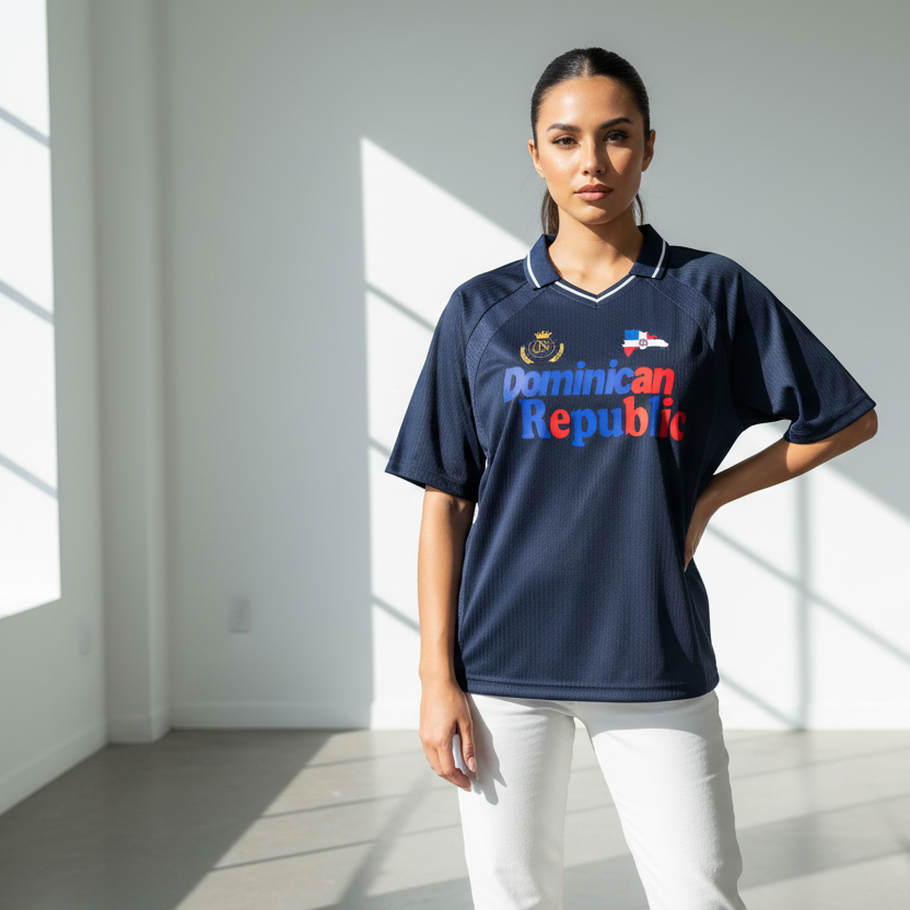 Dominican Republic Flag Themed Graphic Striped V-Neck Soccer Unisex Jersey