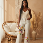 Vintage-Wash Flared Women’s Jeans Featuring an Afro-Music Themed Graphic ODMPOD