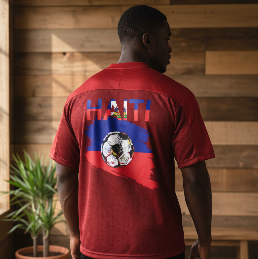 Oversized Unisex V-Neck Soccer Jersey Featuring a Haiti Flag-Inspired Mesh Design