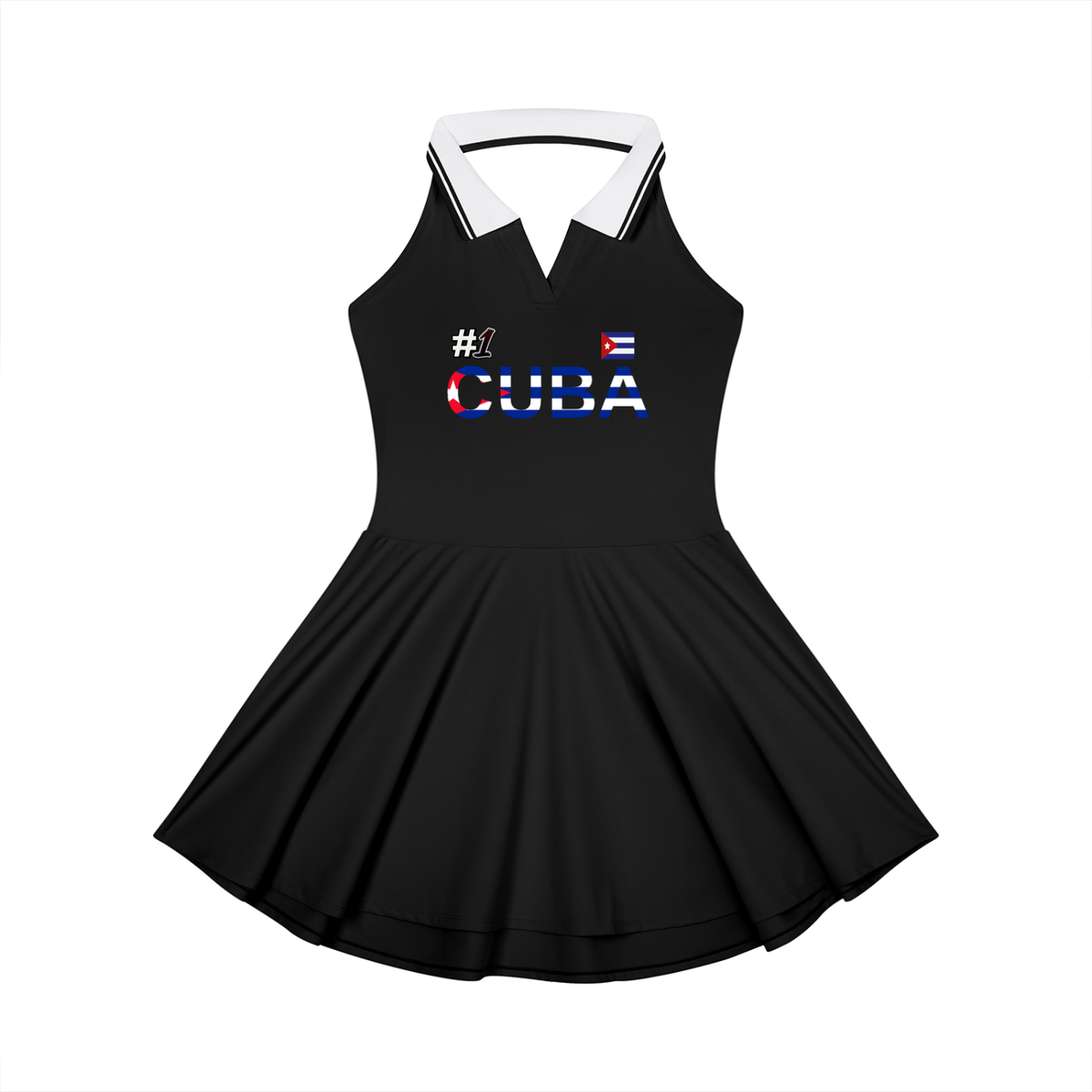 Women's A-Line Tennis Dress with Collared Halter Neckline Featuring a Cuban Flag Motif