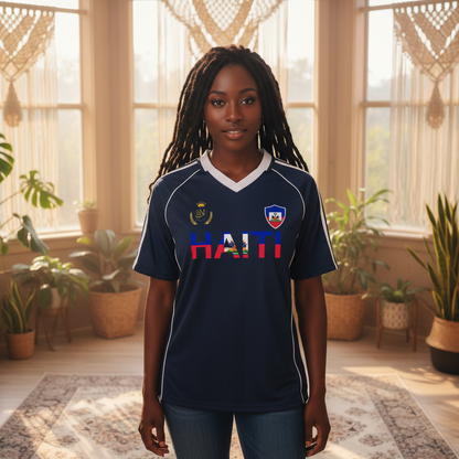 Unisex Haiti Flag Themed Graphic Shadow Stripe Collared Soccer Jersey