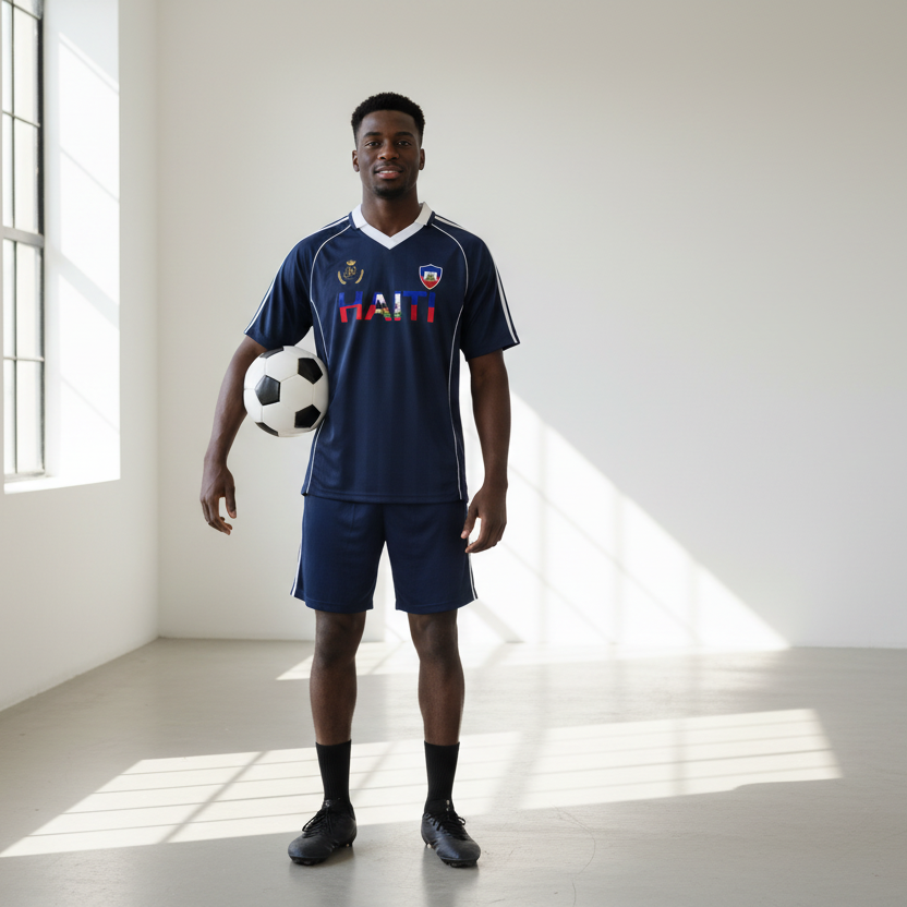 Unisex Haiti Flag Themed Graphic Shadow Stripe Collared Soccer Jersey