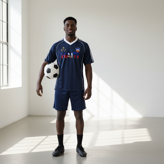 Unisex Haiti Flag Themed Graphic Shadow Stripe Collared Soccer Jersey